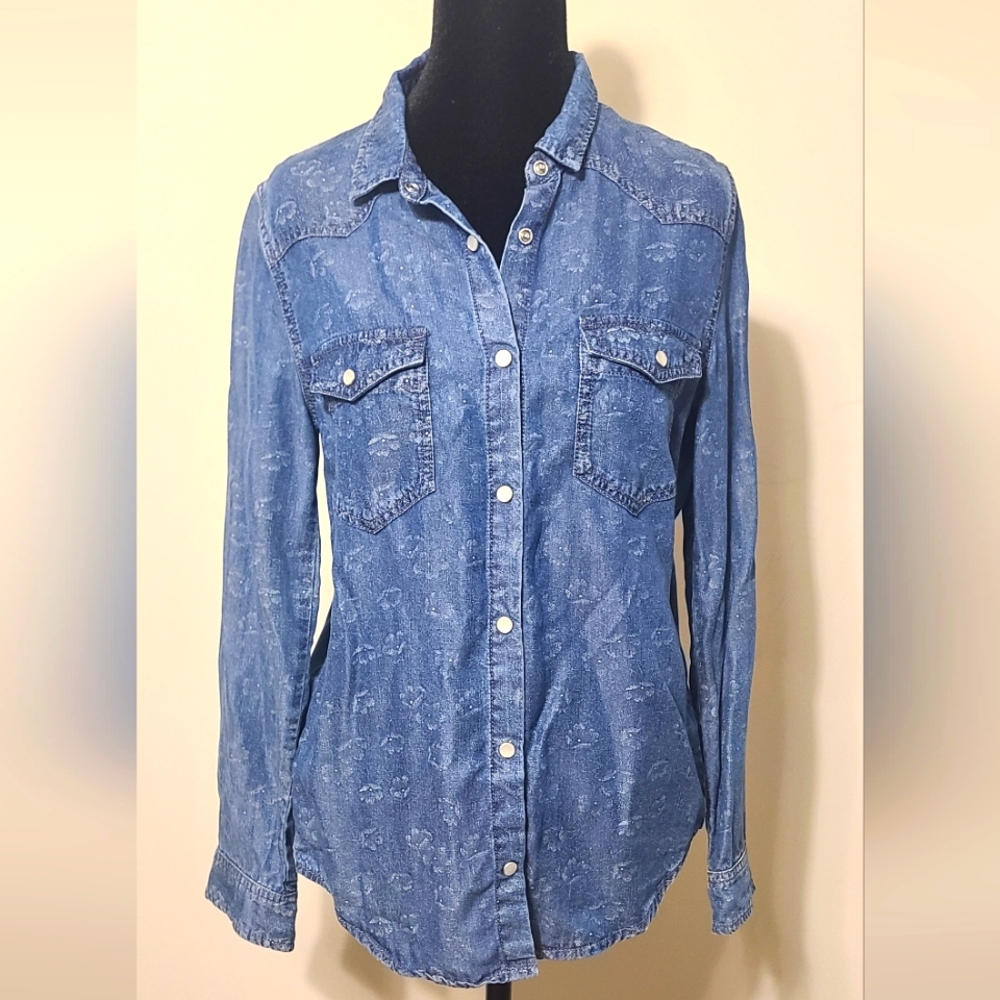The Kooples Dark Wash Chambray Collared Button Down Blouse Women’s Size  XXS EUC